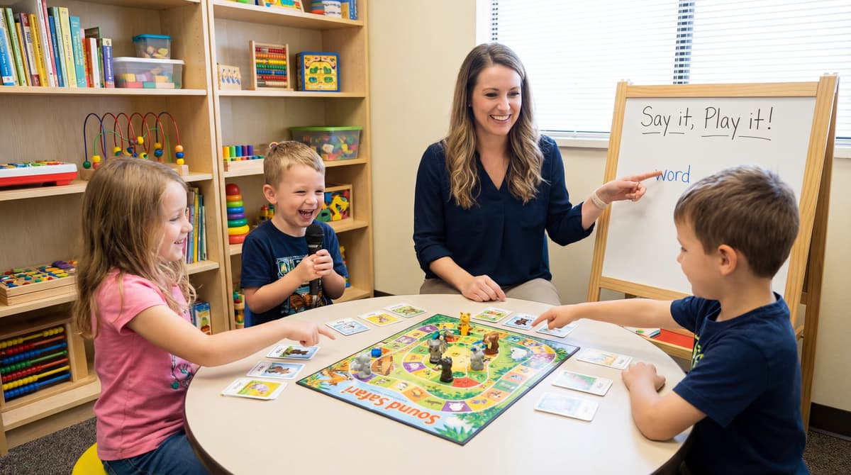 Speech therapist leading a fun group session with children