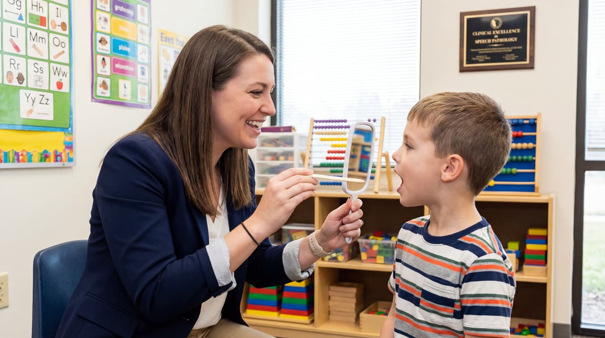 Speech therapist working with child