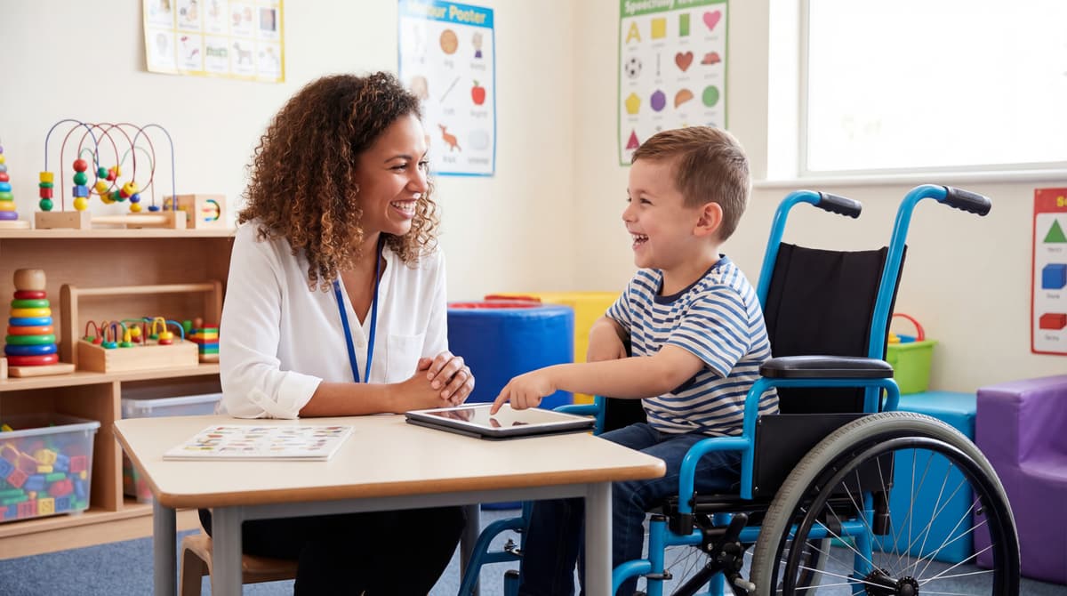 Speech therapist using tablet technology with student